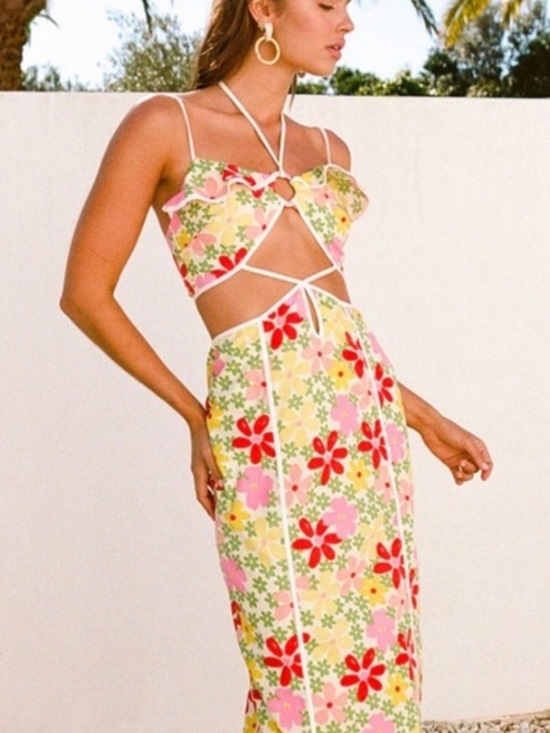 SABO Dresses & Skirts - Floral Cutout Maxi Dress in Pastel Yellow and Pink tropical spring vibes size s